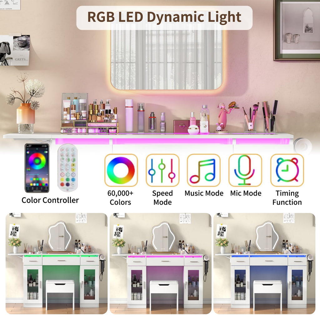 43.3" Makeup Vanity Desk Without Mirror, RGB LED Lights, Glass Top, Fold-Out Panel, 3 Drawers, 2 Display Cabinets, Charging Station & Stool, White - YanosakuUS-VD054-WE