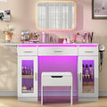 43.3" Makeup Vanity Desk Without Mirror, RGB LED Lights, Glass Top, Fold-Out Panel, 3 Drawers, 2 Display Cabinets, Charging Station & Stool, White - YanosakuUS-VD054-WE