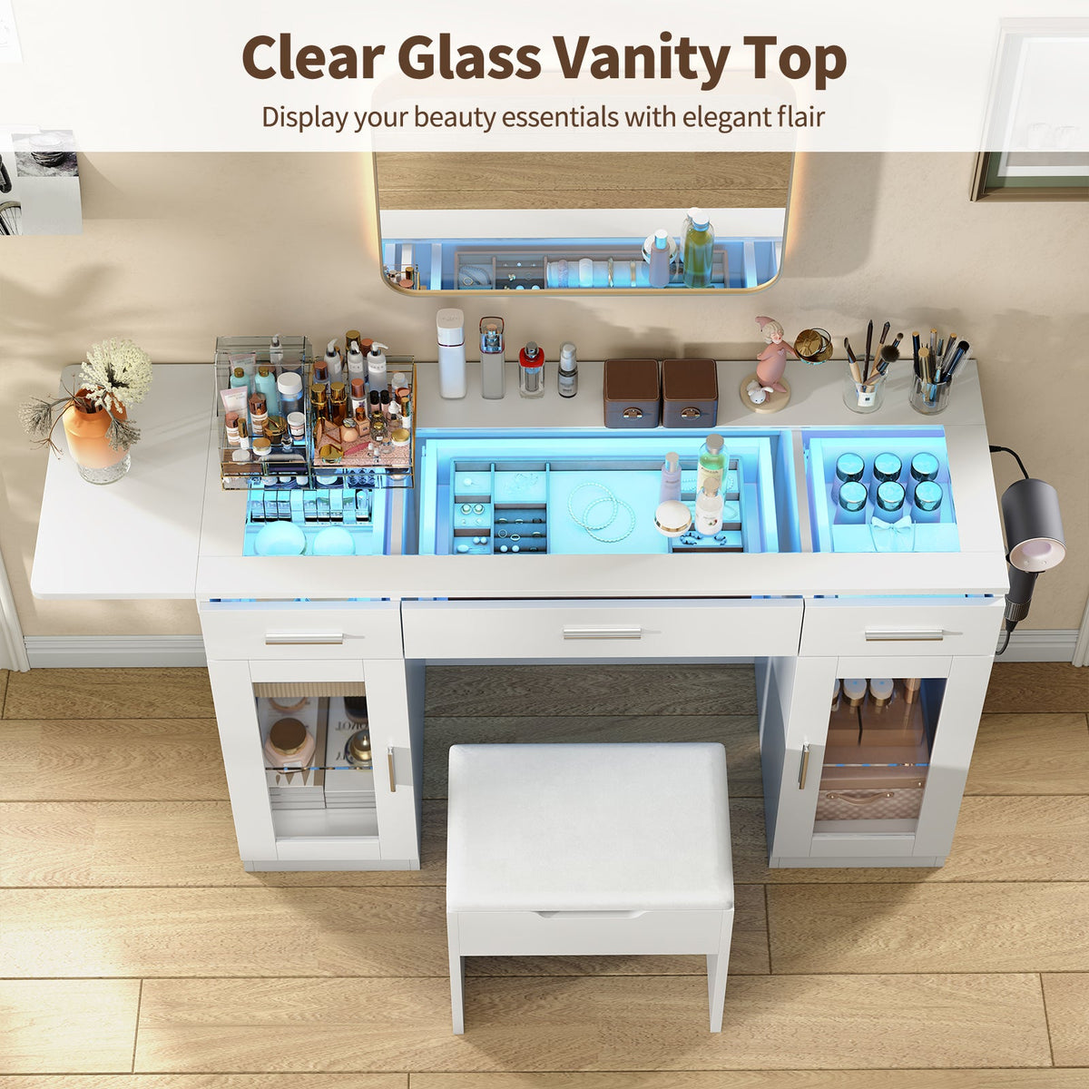 43.3" Makeup Vanity Desk Without Mirror, RGB LED Lights, Glass Top, Fold-Out Panel, 3 Drawers, 2 Display Cabinets, Charging Station & Stool, White - YanosakuUS-VD054-WE