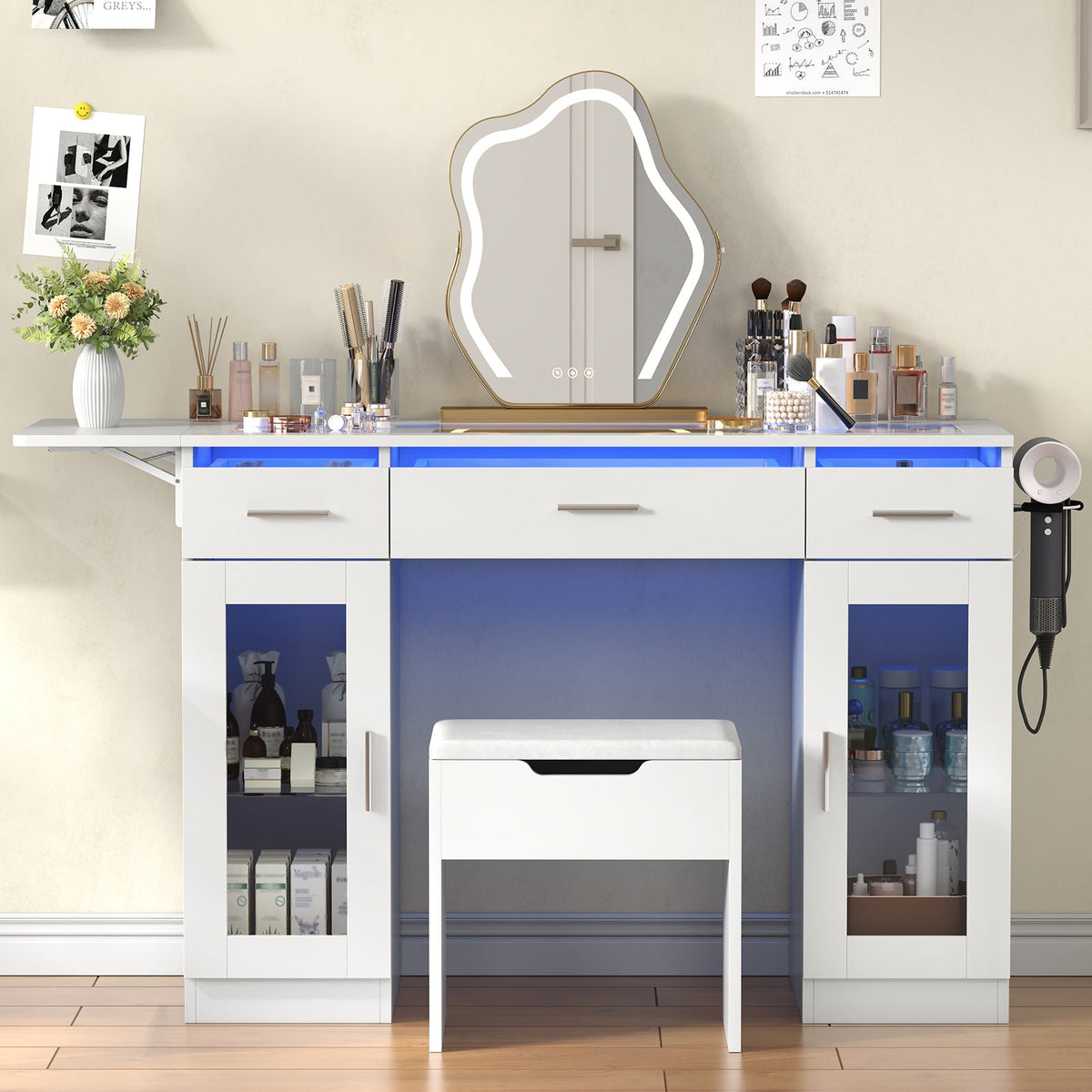 43.3" Makeup Vanity Desk Without Mirror, RGB LED Lights, Glass Top, Fold-Out Panel, 3 Drawers, 2 Display Cabinets, Charging Station & Stool, White - YanosakuUS-VD054-WE