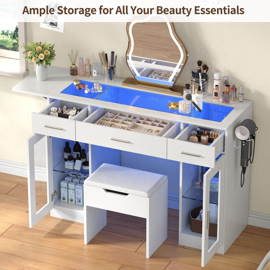 43.3" Makeup Vanity Desk Without Mirror, RGB LED Lights, Glass Top, Fold-Out Panel, 3 Drawers, 2 Display Cabinets, Charging Station & Stool, White - YanosakuUS-VD054-WE