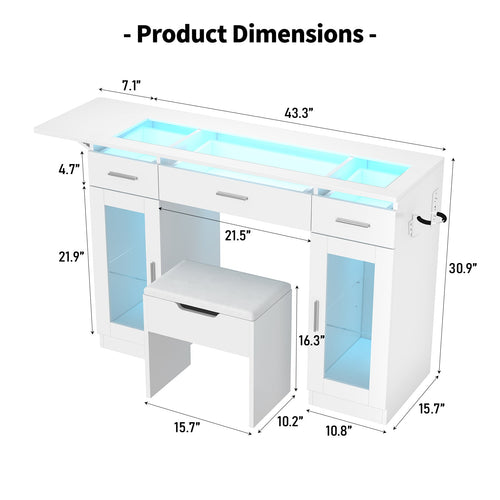 43.3" Makeup Vanity Desk Without Mirror, RGB LED Lights, Glass Top, Fold-Out Panel, 3 Drawers, 2 Display Cabinets, Charging Station & Stool, White - YanosakuUS-VD054-WE