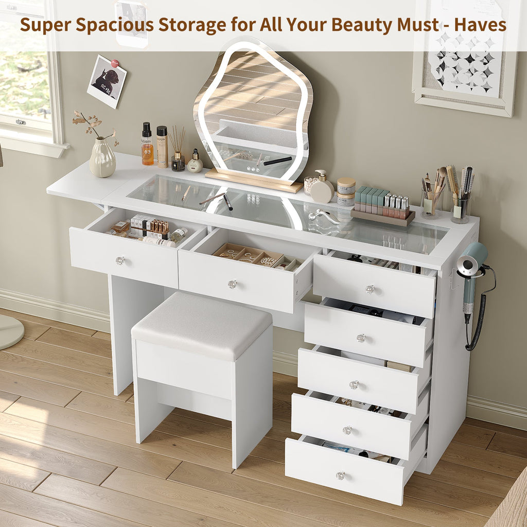 43.3" White Vanity Desk Without Mirror with 7 Drawers, Glass Top, Foldable Side Panel, Charging Station & Matching Stool - Yanosaku