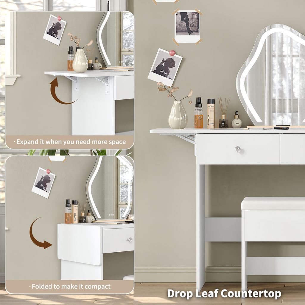 43.3" White Vanity Desk Without Mirror with 7 Drawers, Glass Top, Foldable Side Panel, Charging Station & Matching Stool - Yanosaku