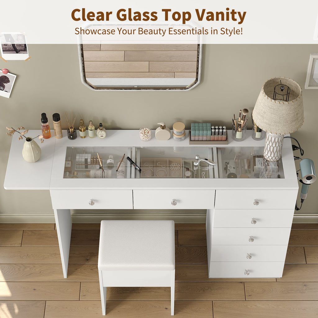 43.3" White Vanity Desk Without Mirror with 7 Drawers, Glass Top, Foldable Side Panel, Charging Station & Matching Stool - Yanosaku