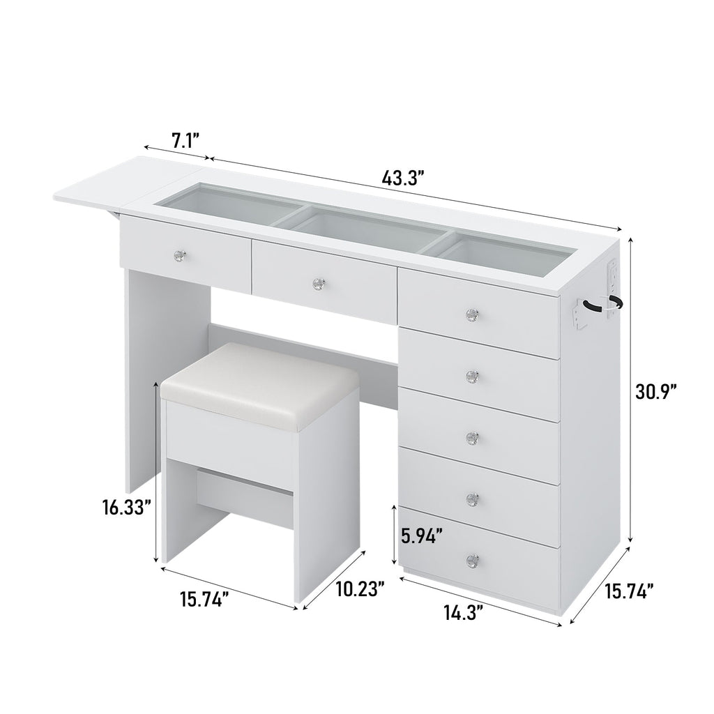 43.3" White Vanity Desk Without Mirror with 7 Drawers, Glass Top, Foldable Side Panel, Charging Station & Matching Stool - Yanosaku