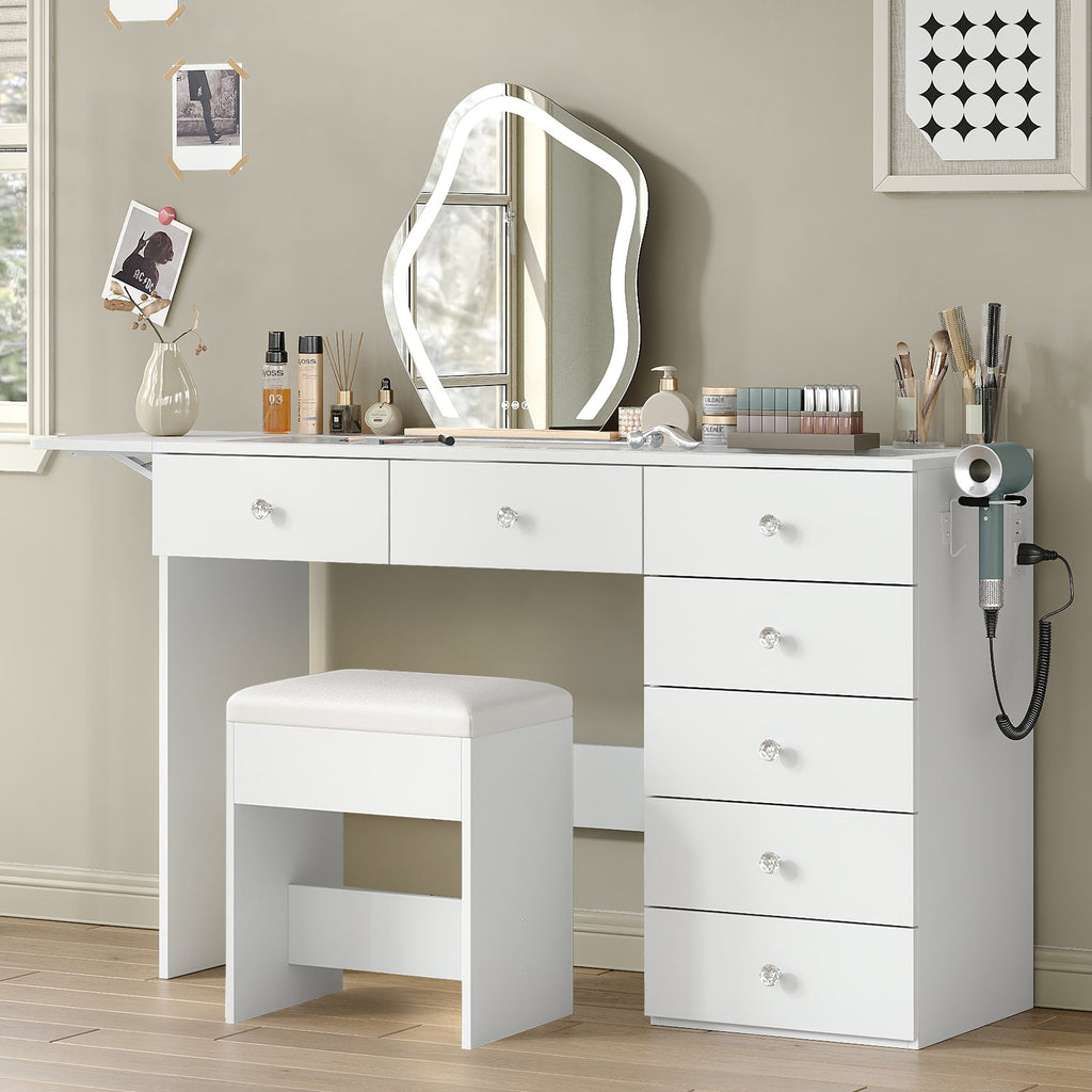 43.3" White Vanity Desk Without Mirror with 7 Drawers, Glass Top, Foldable Side Panel, Charging Station & Matching Stool - Yanosaku