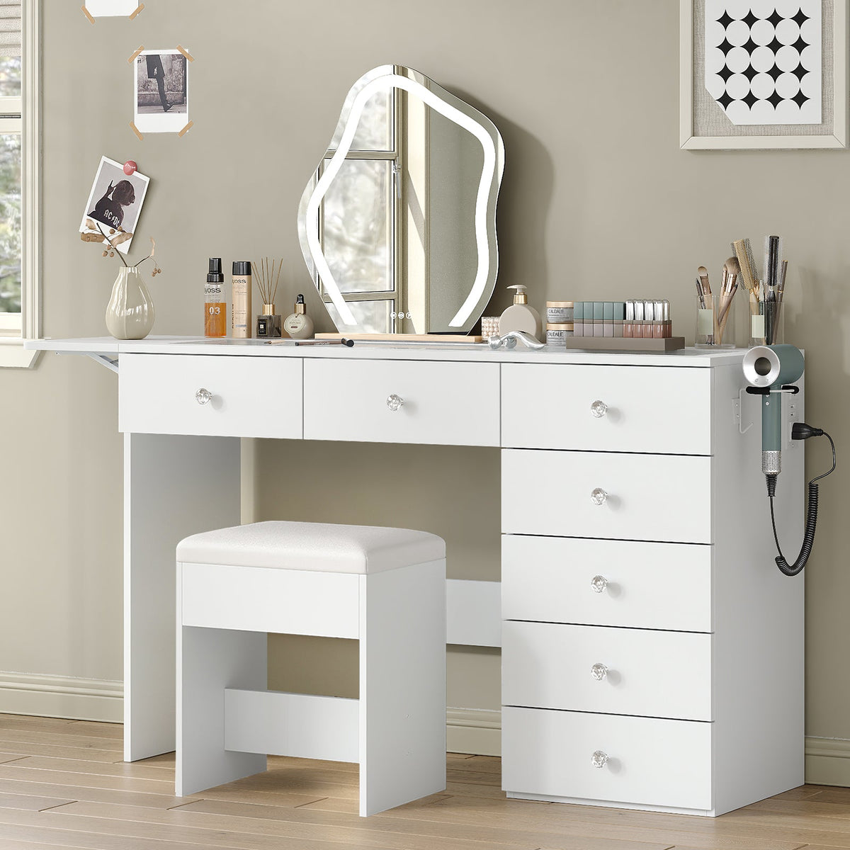 43.3" White Vanity Desk Without Mirror with 7 Drawers, Glass Top, Foldable Side Panel, Charging Station & Matching Stool - Yanosaku