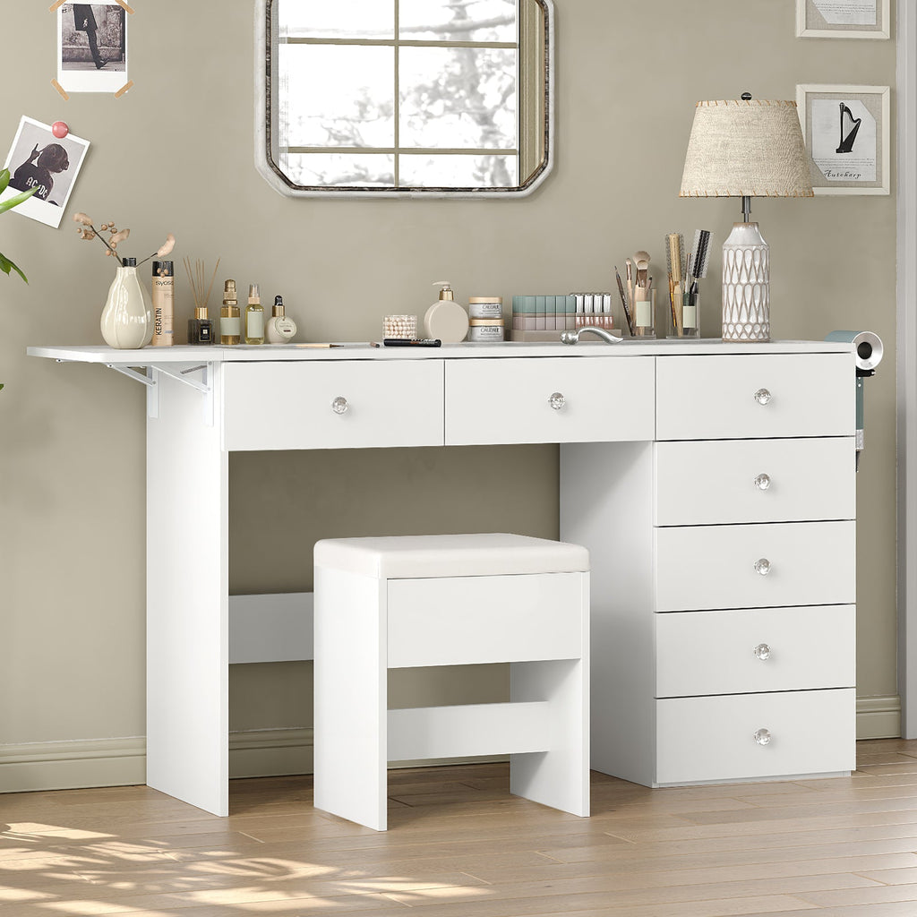 43.3" White Vanity Desk Without Mirror with 7 Drawers, Glass Top, Foldable Side Panel, Charging Station & Matching Stool - Yanosaku