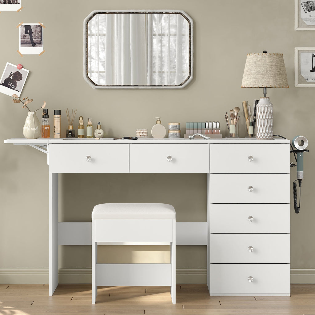 43.3" White Vanity Desk Without Mirror with 7 Drawers, Glass Top, Foldable Side Panel, Charging Station & Matching Stool - Yanosaku