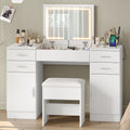 47.2" Flip Top Makeup Vanity Desk with LED Mirror, Power Outlet, 4 Drawers, 2 Cabinets & Stool, White - YanosakuUS-VD052-WE