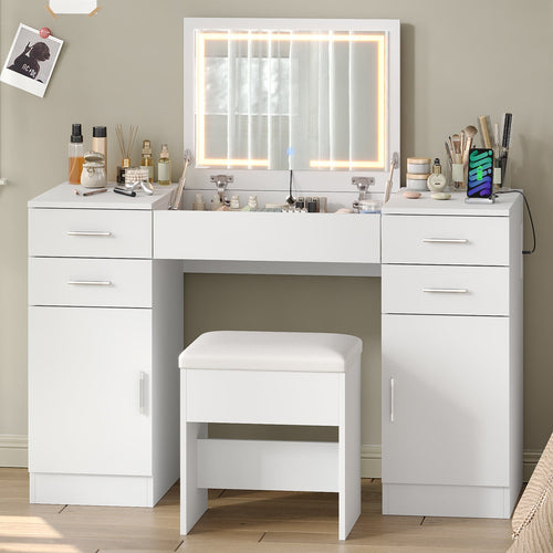 47.2" Flip Top Makeup Vanity Desk with LED Mirror, Power Outlet, 4 Drawers, 2 Cabinets & Stool, White - YanosakuUS-VD052-WE