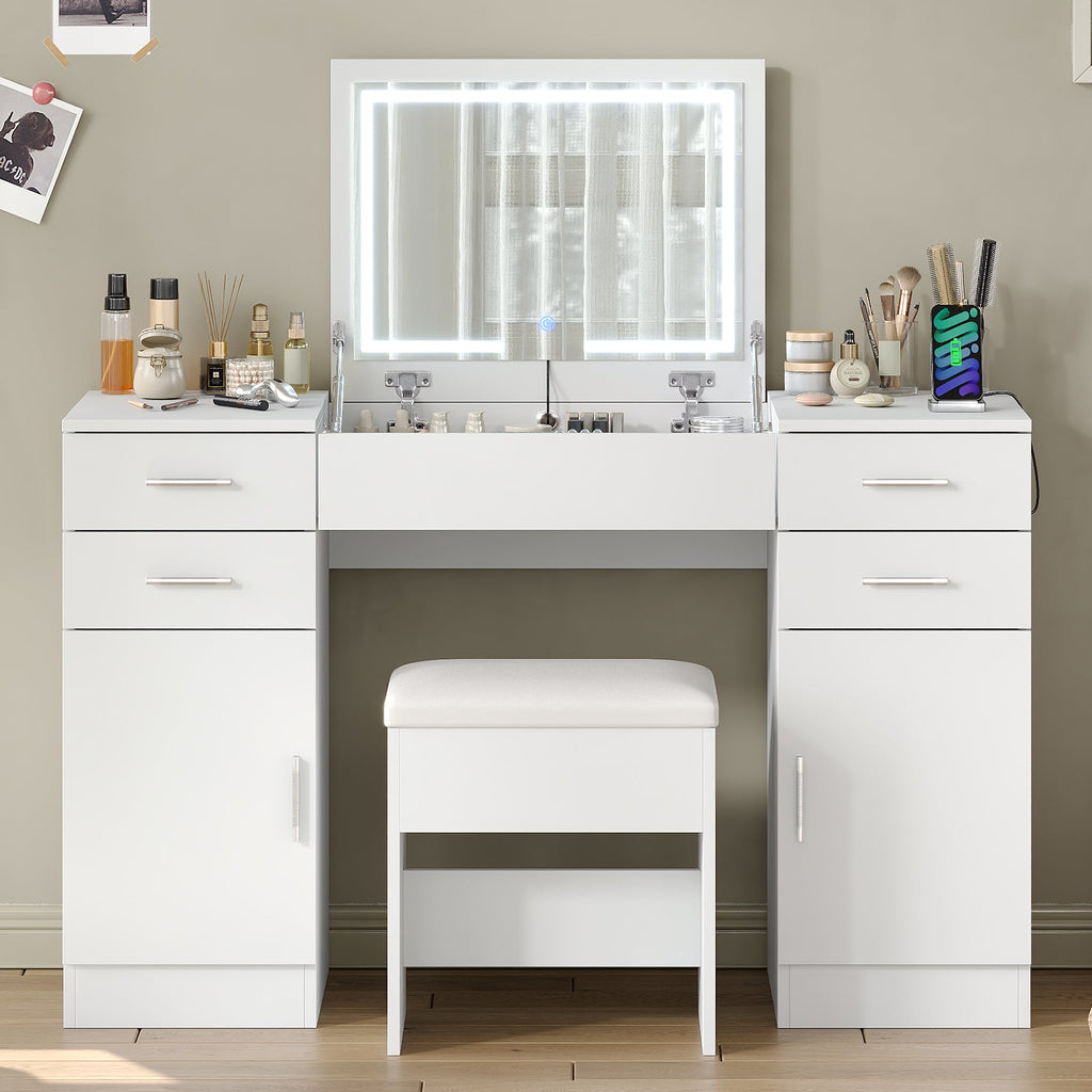 47.2" Flip Top Makeup Vanity Desk with LED Mirror, Power Outlet, 4 Drawers, 2 Cabinets & Stool, White - YanosakuUS-VD052-WE