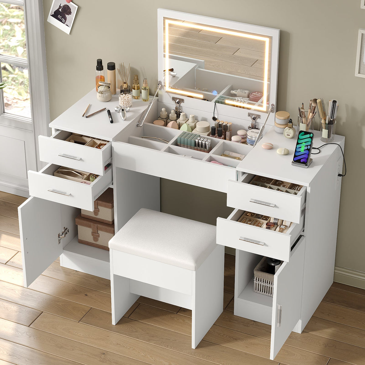 47.2" Flip Top Makeup Vanity Desk with LED Mirror, Power Outlet, 4 Drawers, 2 Cabinets & Stool, White - YanosakuUS-VD052-WE