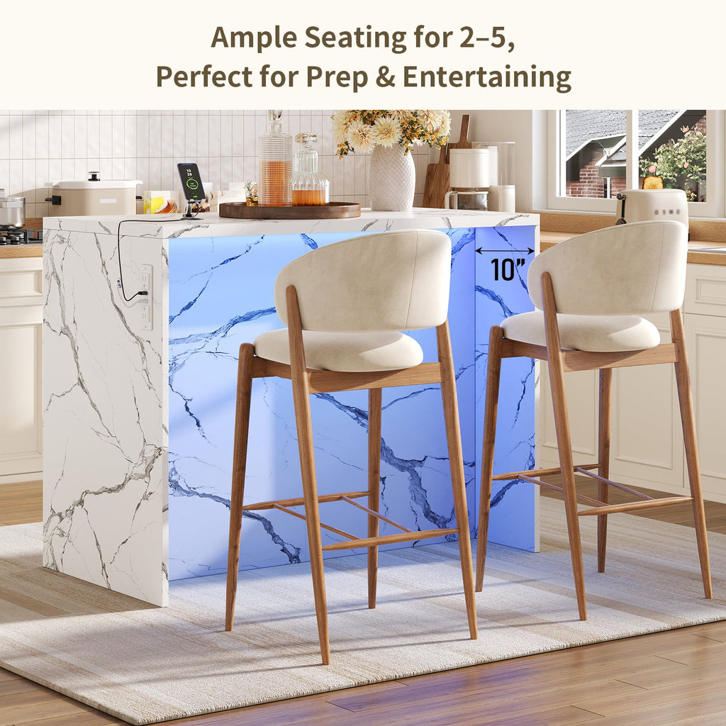 47.2" Kitchen Island with Storage & Seating, Faux Marble Top, Charging Station & LED Lights, 4 Drawers, Adjustable Shelves & Coffee Bar Cabinet, White - Yanosaku