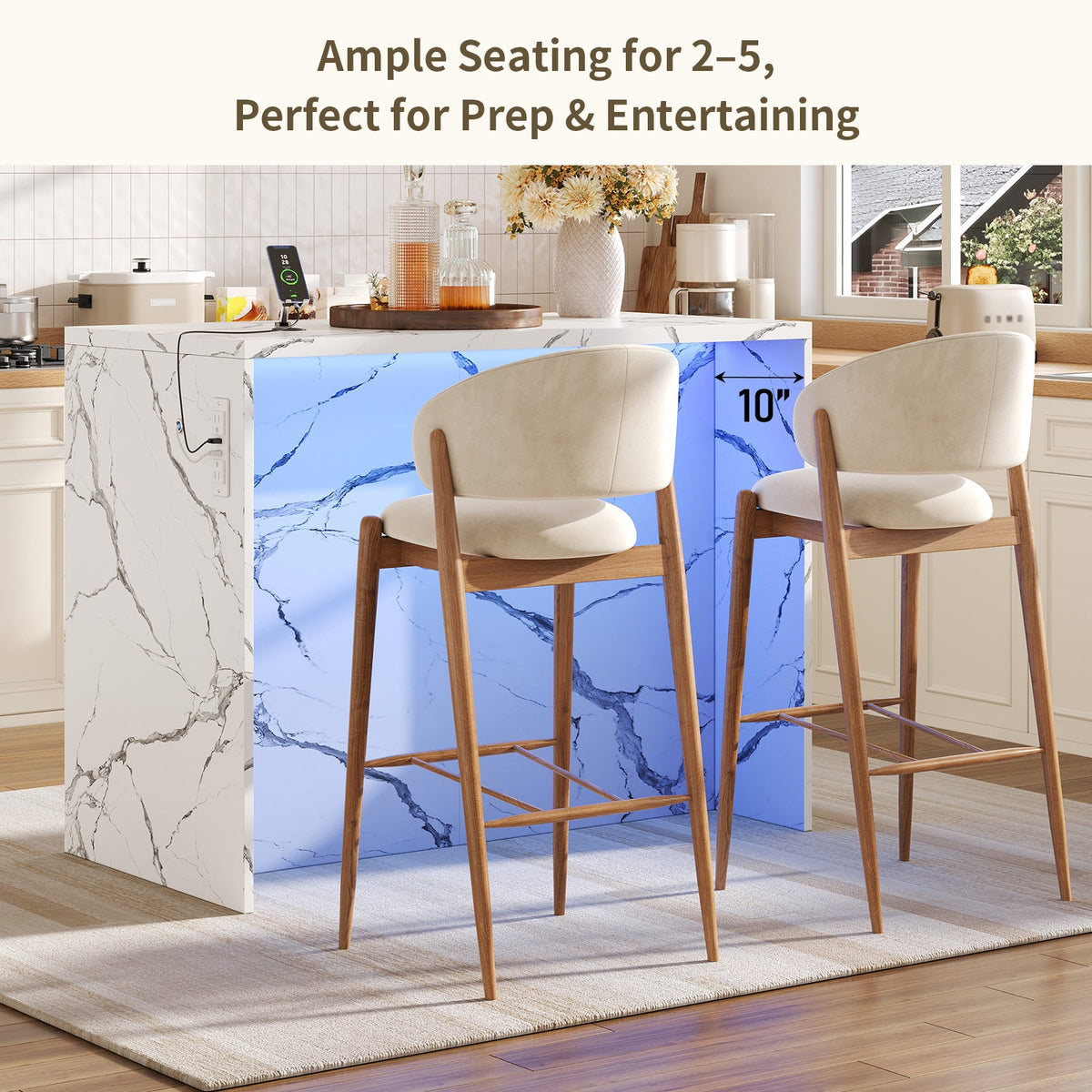47.2" Kitchen Island with Storage & Seating, Faux Marble Top, Charging Station & LED Lights, 4 Drawers, Adjustable Shelves & Coffee Bar Cabinet, White - Yanosaku