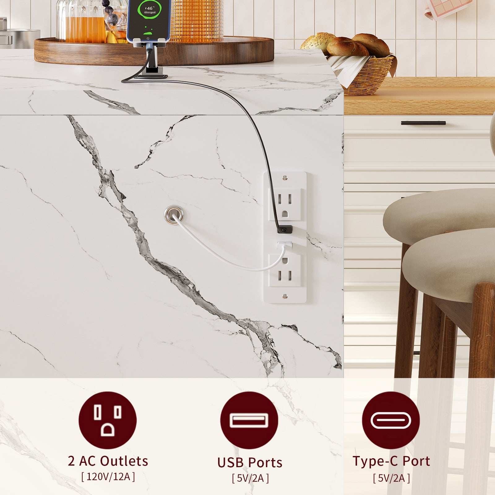 47.2" Kitchen Island with Storage & Seating, Faux Marble Top, Charging Station & LED Lights, 4 Drawers, Adjustable Shelves & Coffee Bar Cabinet, White - Yanosaku