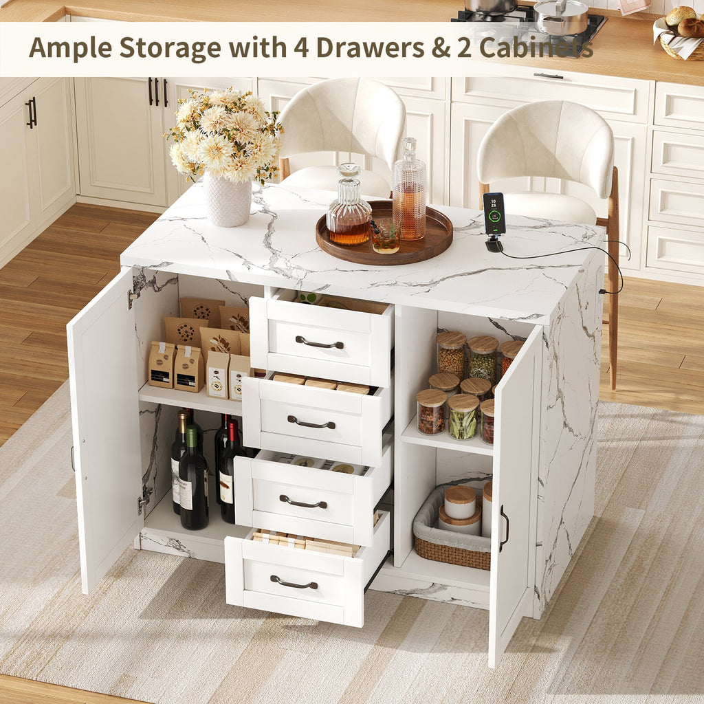 47.2" Kitchen Island with Storage & Seating, Faux Marble Top, Charging Station & LED Lights, 4 Drawers, Adjustable Shelves & Coffee Bar Cabinet, White - Yanosaku