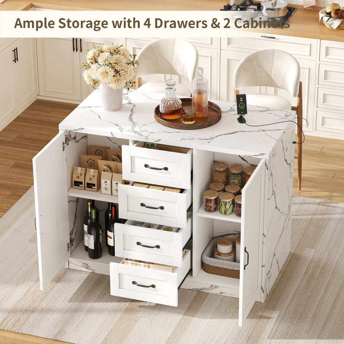 47.2" Kitchen Island with Storage & Seating, Faux Marble Top, Charging Station & LED Lights, 4 Drawers, Adjustable Shelves & Coffee Bar Cabinet, White - Yanosaku
