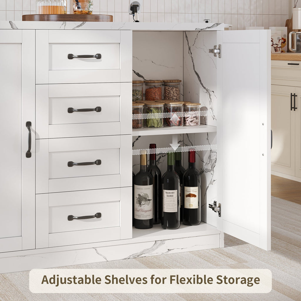 47.2" Kitchen Island with Storage & Seating, Faux Marble Top, Charging Station & LED Lights, 4 Drawers, Adjustable Shelves & Coffee Bar Cabinet, White - Yanosaku