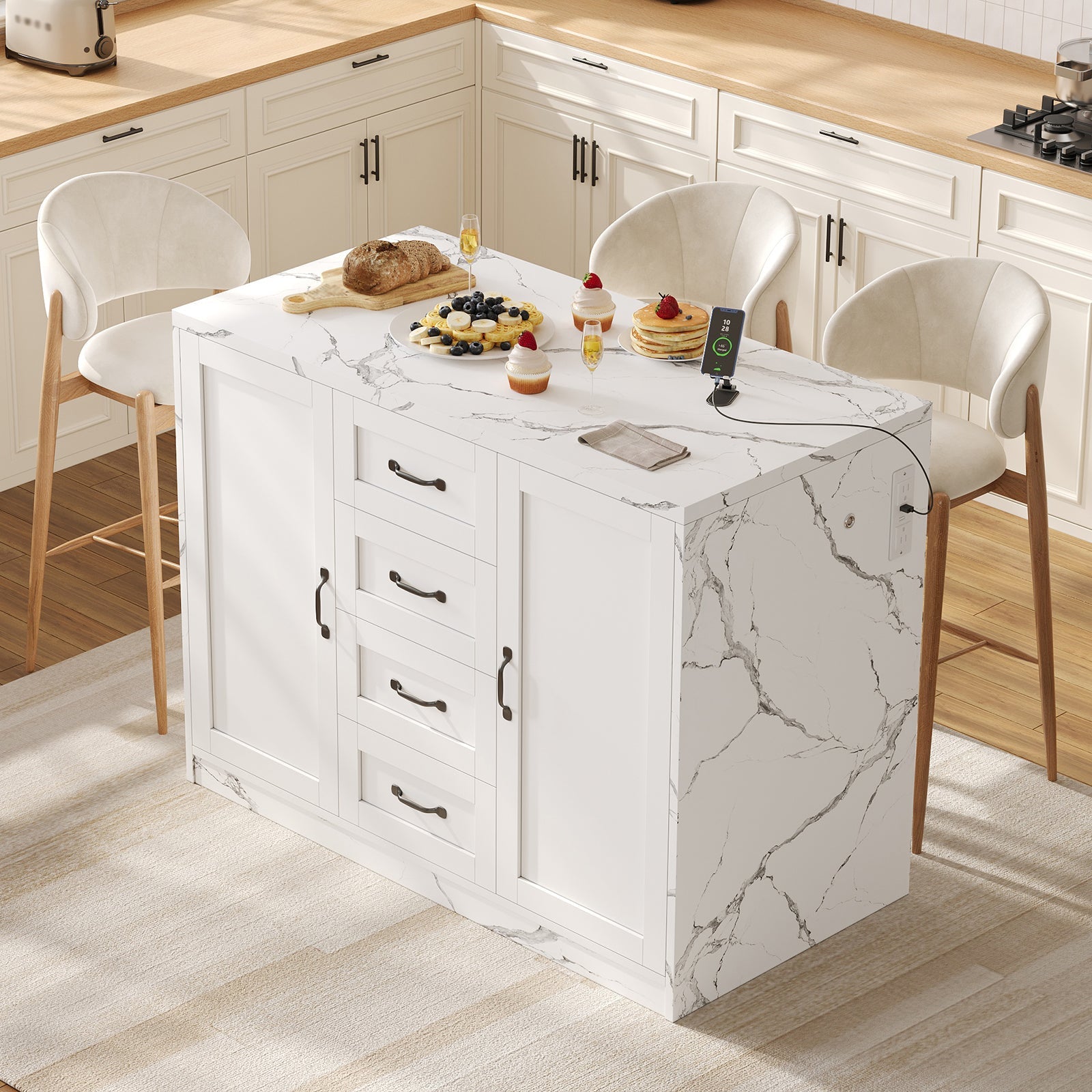 47.2" Kitchen Island with Storage & Seating, Faux Marble Top, Charging Station & LED Lights, 4 Drawers, Adjustable Shelves & Coffee Bar Cabinet, White - Yanosaku