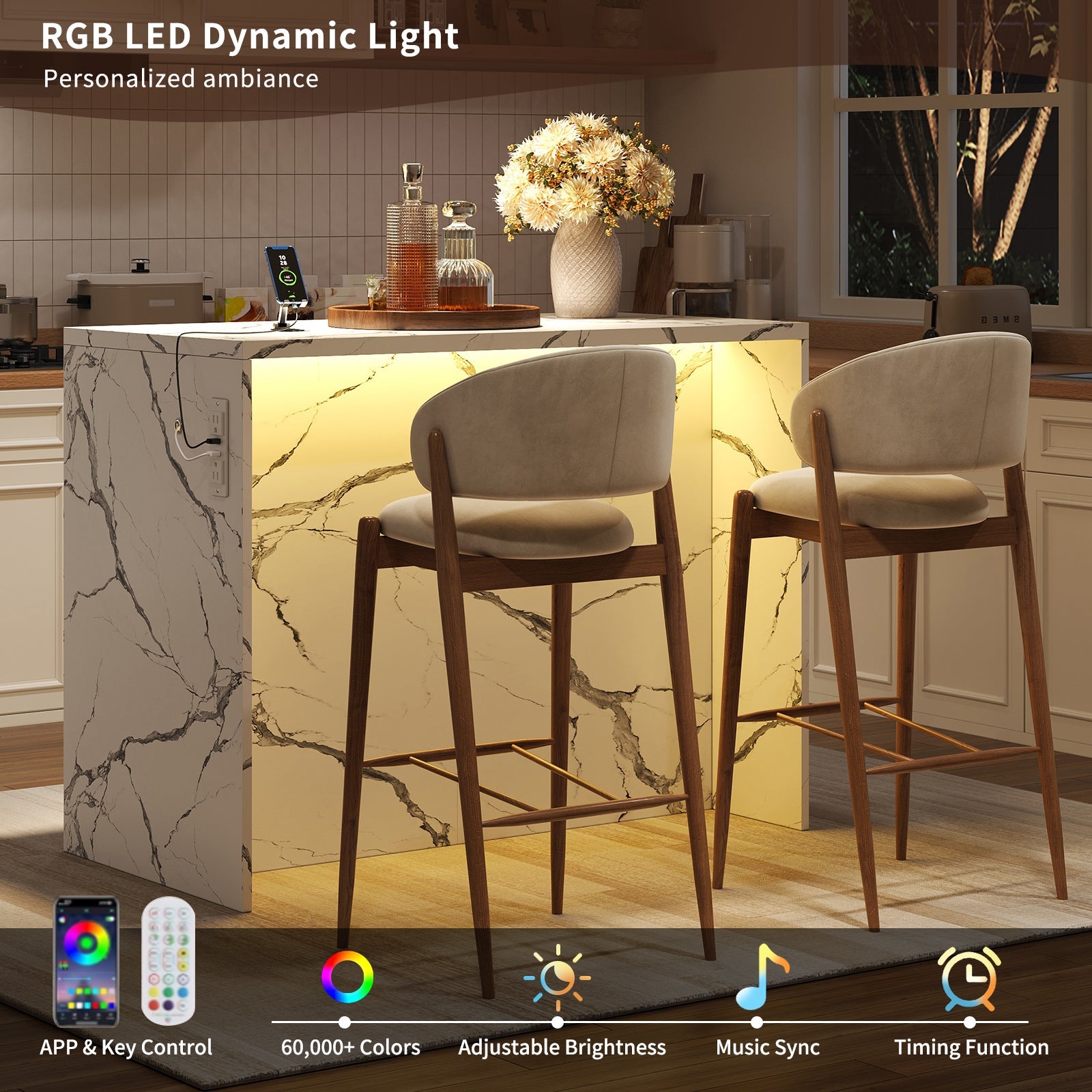 47.2" Kitchen Island with Storage & Seating, Faux Marble Top, Charging Station & LED Lights, 4 Drawers, Adjustable Shelves & Coffee Bar Cabinet, White - Yanosaku