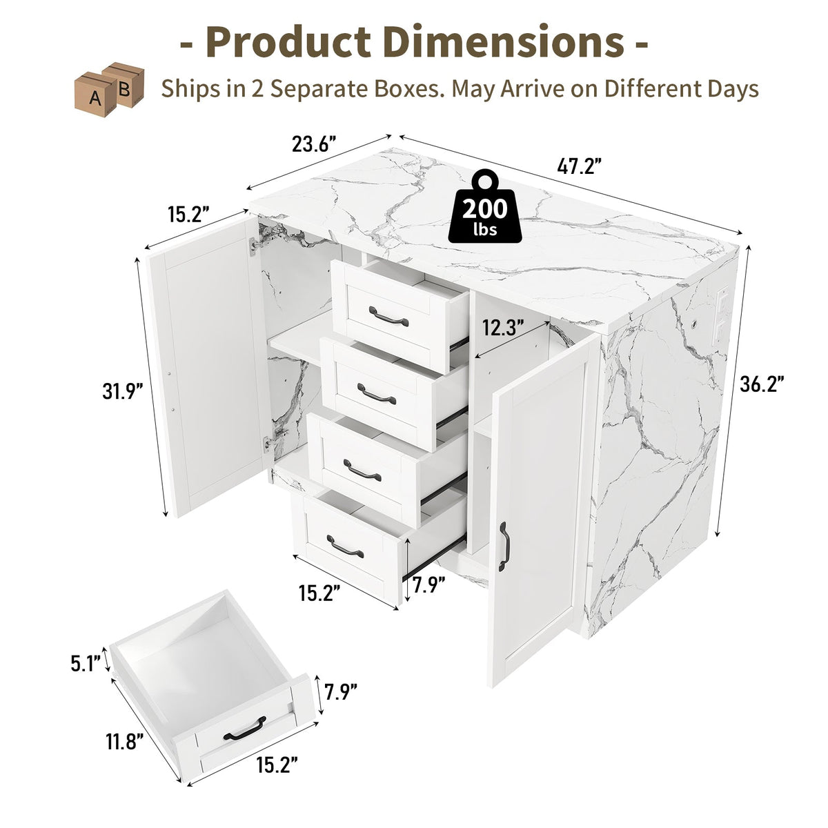 47.2" Kitchen Island with Storage & Seating, Faux Marble Top, Charging Station & LED Lights, 4 Drawers, Adjustable Shelves & Coffee Bar Cabinet, White - Yanosaku