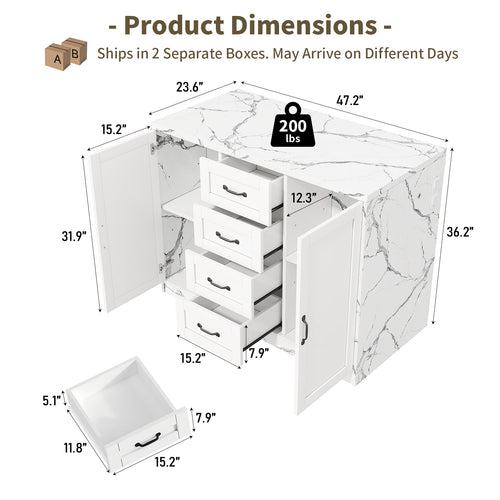 47.2" Kitchen Island with Storage & Seating, Faux Marble Top, Charging Station & LED Lights, 4 Drawers, Adjustable Shelves & Coffee Bar Cabinet, White - Yanosaku