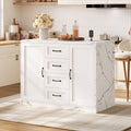 47.2" Kitchen Island with Storage & Seating, Faux Marble Top, Charging Station & LED Lights, 4 Drawers, Adjustable Shelves & Coffee Bar Cabinet, White - Yanosaku