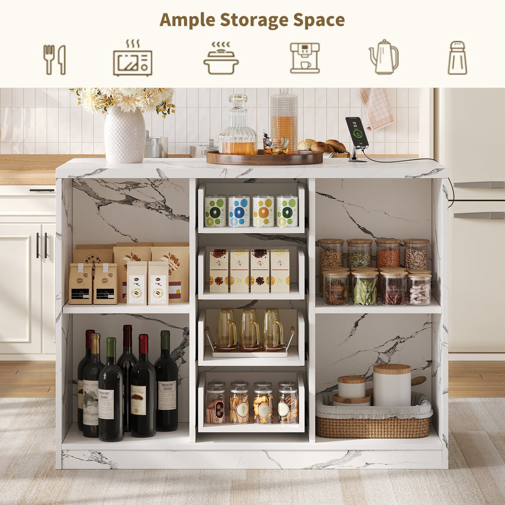 47.2" Kitchen Island with Storage & Seating, Faux Marble Top, Charging Station & LED Lights, 4 Drawers, Adjustable Shelves & Coffee Bar Cabinet, White - Yanosaku