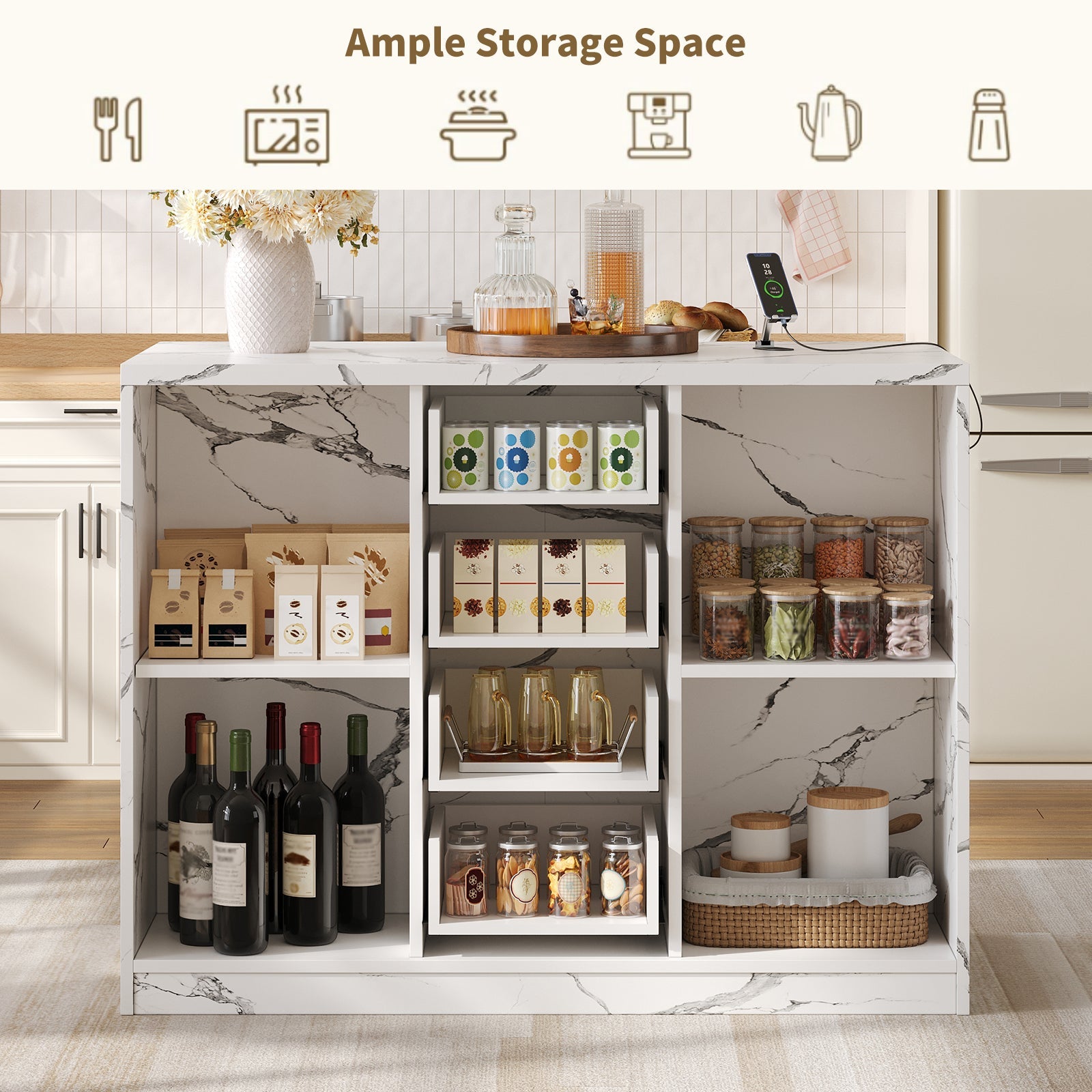 47.2" Kitchen Island with Storage & Seating, Faux Marble Top, Charging Station & LED Lights, 4 Drawers, Adjustable Shelves & Coffee Bar Cabinet, White - Yanosaku
