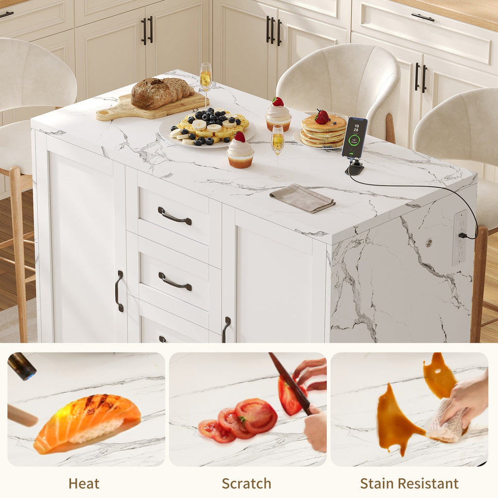 47.2" Kitchen Island with Storage & Seating, Faux Marble Top, Charging Station & LED Lights, 4 Drawers, Adjustable Shelves & Coffee Bar Cabinet, White - Yanosaku