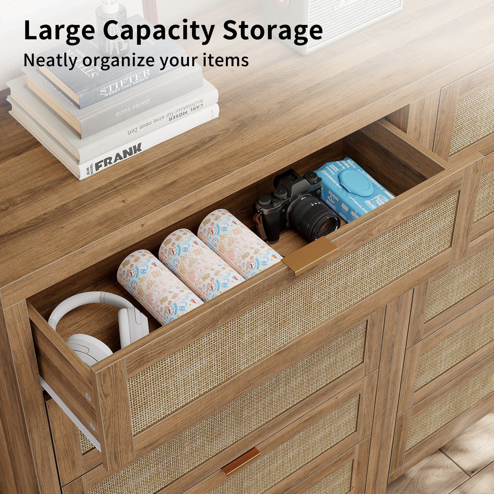 48'' Tall Dresser for Bedroom, Rattan Dresser with 5 Drawers, Boho Chest of Drawers- Vektaya - VektayaDresserDS015-NR