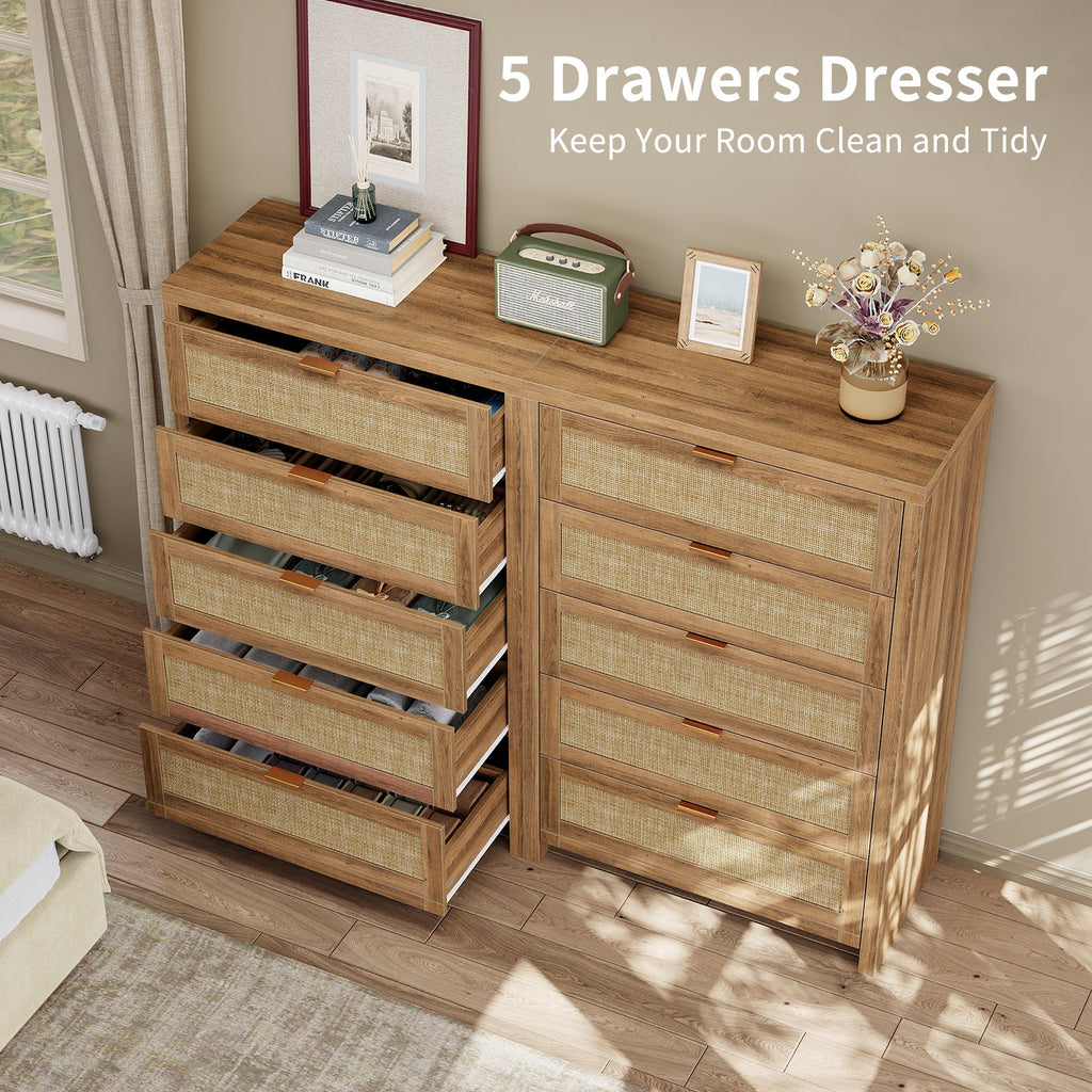48'' Tall Dresser for Bedroom, Rattan Dresser with 5 Drawers, Boho Chest of Drawers- Vektaya - VektayaDresserDS015-NR