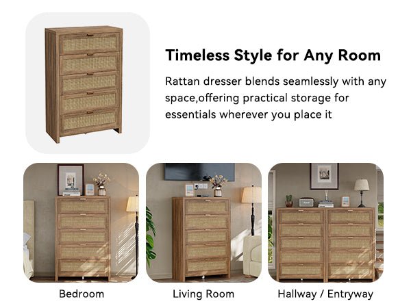 48'' Tall Dresser for Bedroom, Rattan Dresser with 5 Drawers, Boho Chest of Drawers- Vektaya - VektayaDresserDS015-NR
