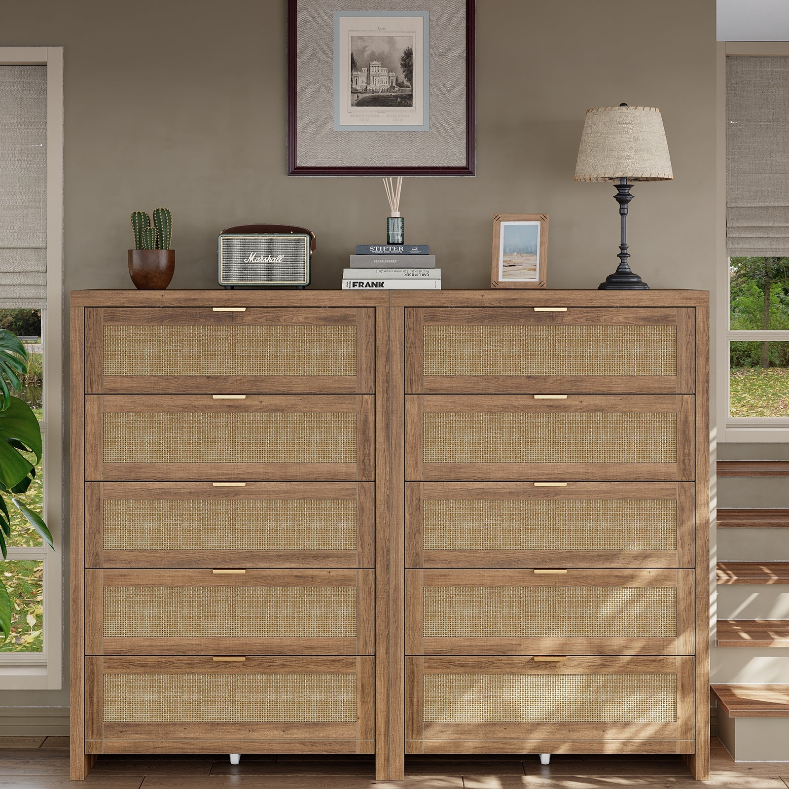 48'' Tall Dresser for Bedroom, Rattan Dresser with 5 Drawers, Boho Chest of Drawers- Vektaya - VektayaDresserDS015-NR
