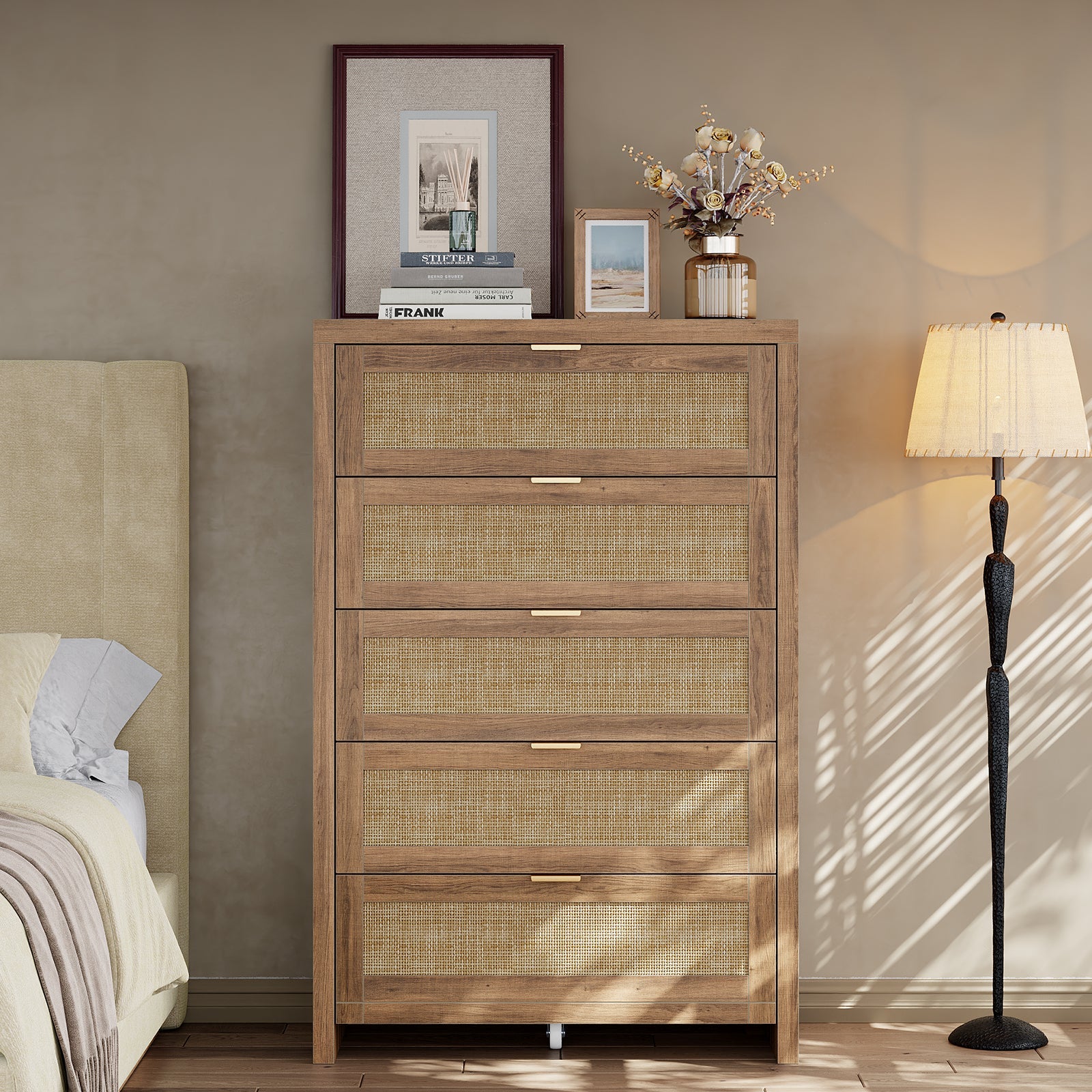 48'' Tall Dresser for Bedroom, Rattan Dresser with 5 Drawers, Boho Chest of Drawers- Vektaya - VektayaDresserDS015-NR