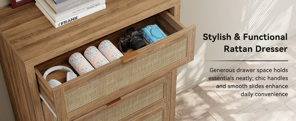 48'' Tall Dresser for Bedroom, Rattan Dresser with 5 Drawers, Boho Chest of Drawers- Vektaya - VektayaDresserDS015-NR
