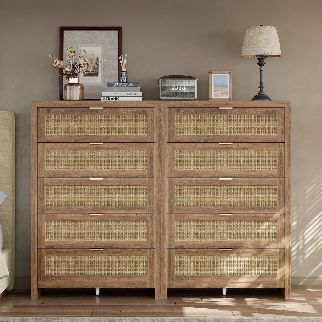 48'' Tall Dresser for Bedroom, Rattan Dresser with 5 Drawers, Boho Chest of Drawers- Vektaya - VektayaDresserDS015-NR