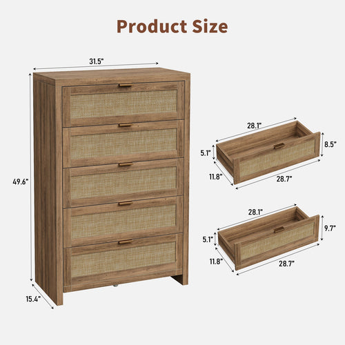 48'' Tall Dresser for Bedroom, Rattan Dresser with 5 Drawers, Boho Chest of Drawers- Vektaya - VektayaDresserDS015-NR