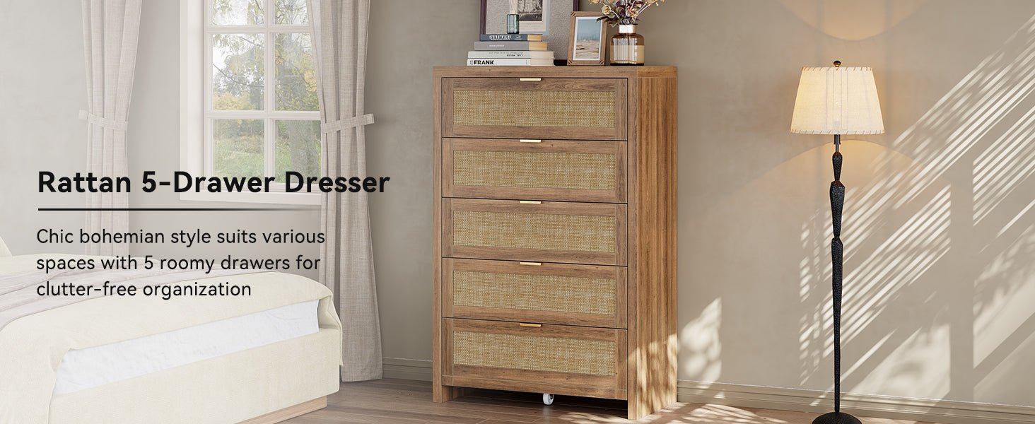 48'' Tall Dresser for Bedroom, Rattan Dresser with 5 Drawers, Boho Chest of Drawers- Vektaya - VektayaDresserDS015-NR