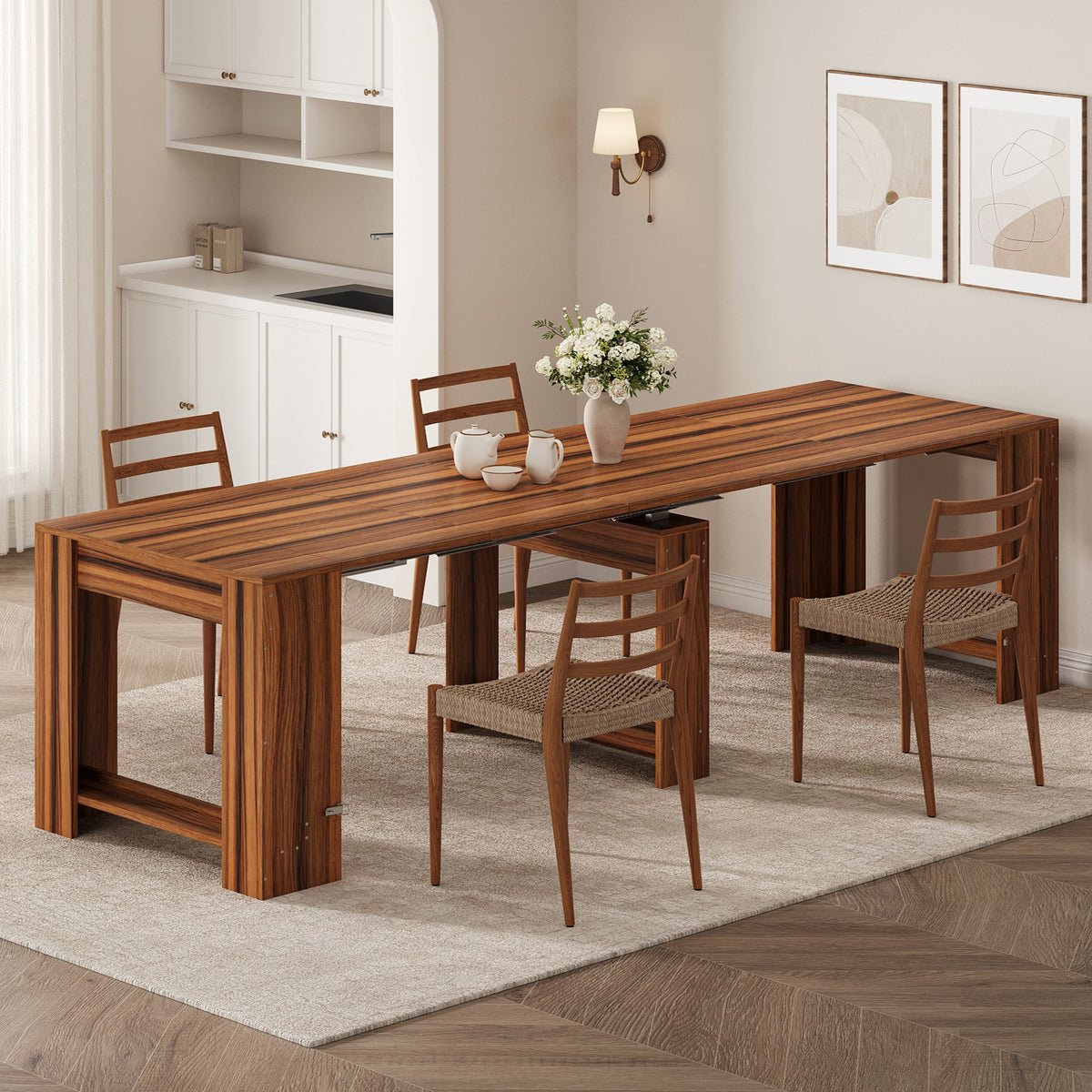 Extendable Dining Table for 2-12 People, Expandable Space-Saving Kitchen Table with Built-In Leaf Storage for Small Spaces