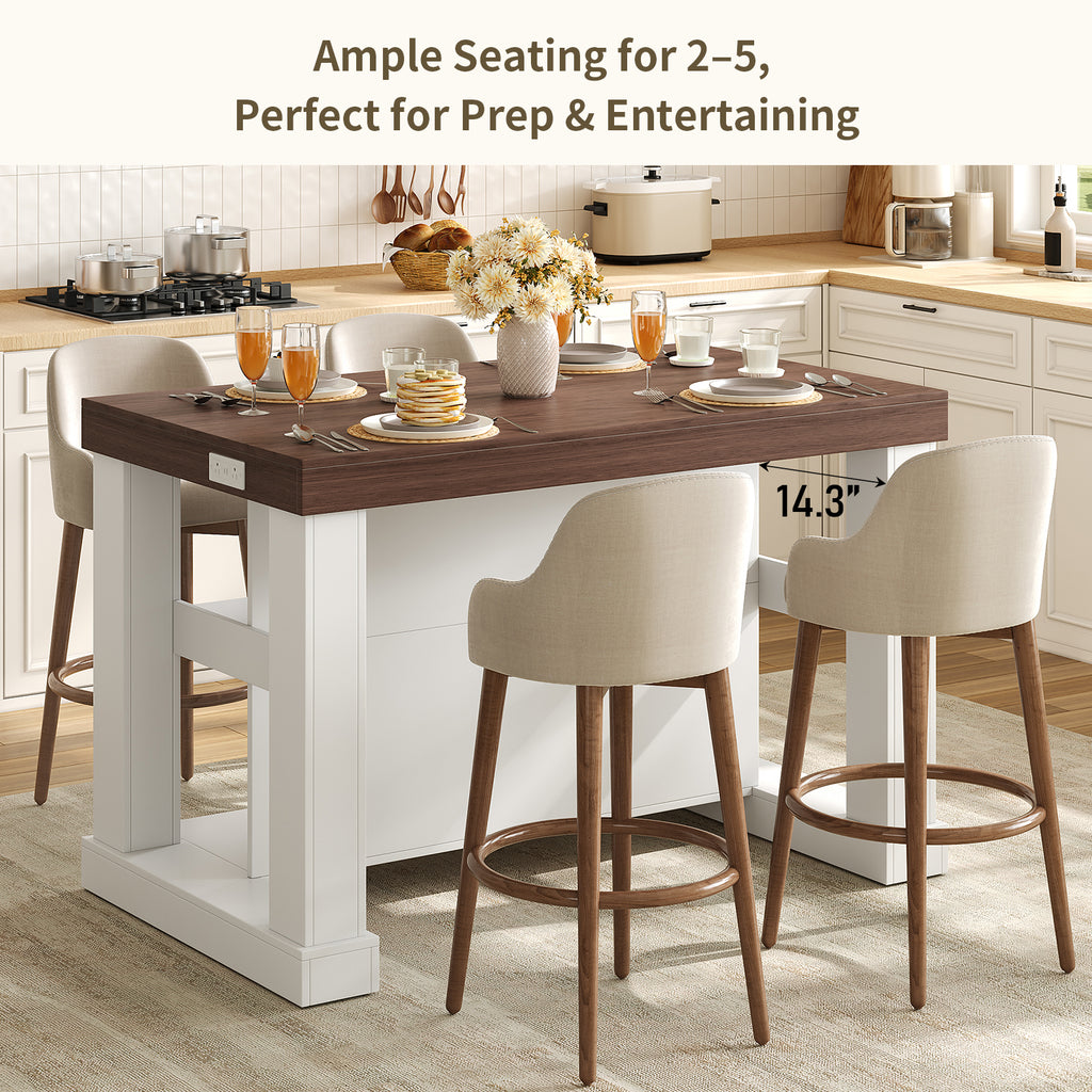 55" W Kitchen Island with Storage & Seating, Farmhouse Kitchen Island Table with Power Outlets, Open Shelves & Large Countertop, 3-Tier Coffee Bar, Walnut & White