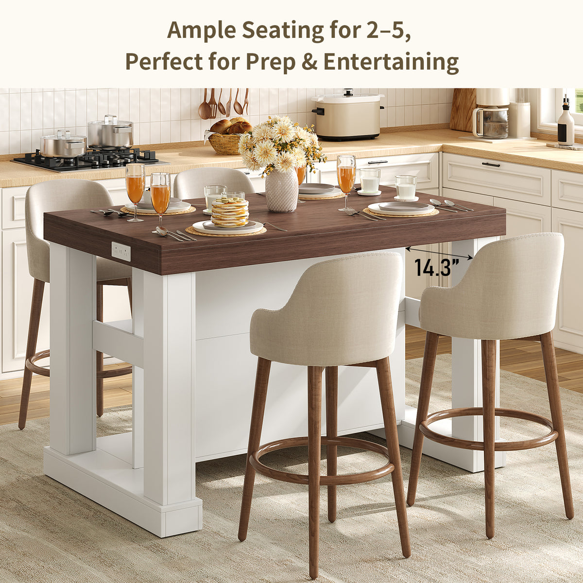 55" W Kitchen Island with Storage & Seating, Farmhouse Kitchen Island Table with Power Outlets, Open Shelves & Large Countertop, 3-Tier Coffee Bar, Walnut & White
