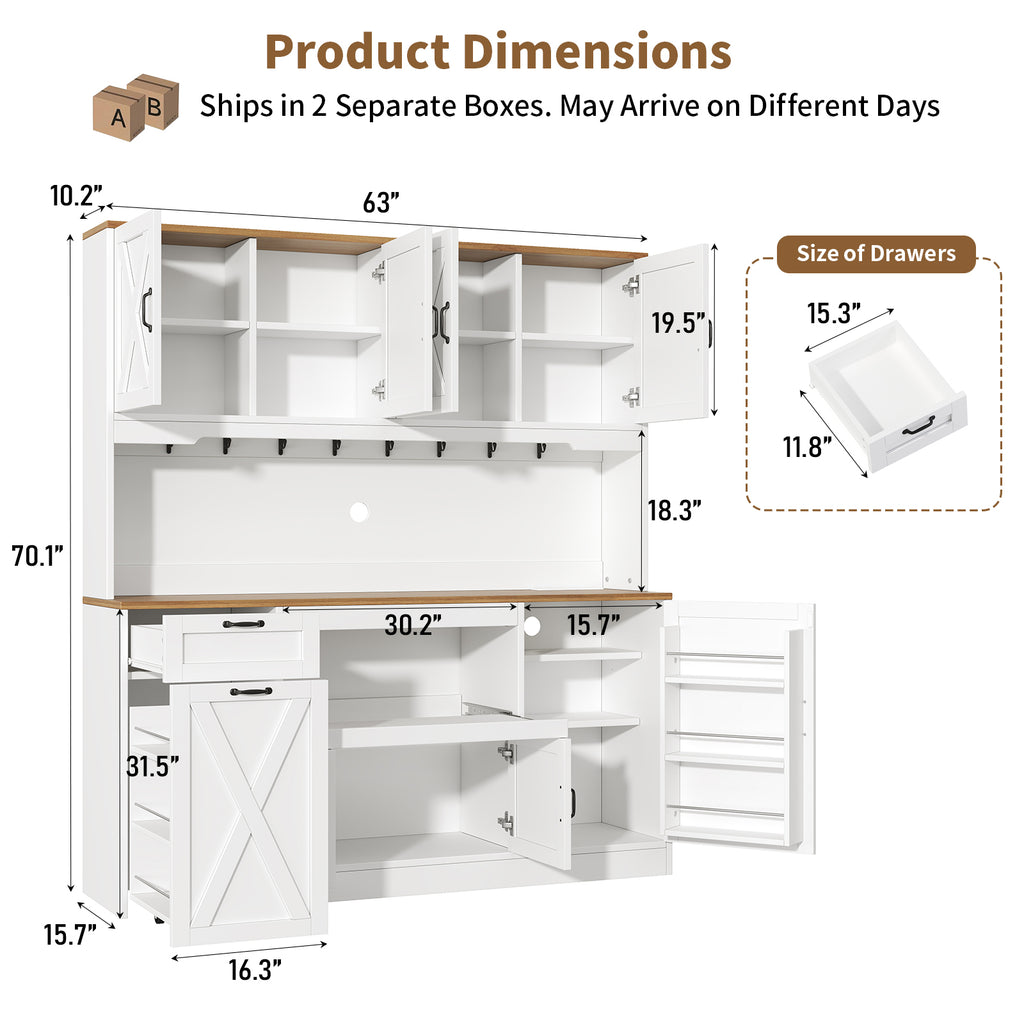63"W Farmhouse Kitchen Pantry Cabinet, 70" Tall Hutch with RGB LED Lights, Charging Station, Pull-Out Tray & Rolling Cart, White