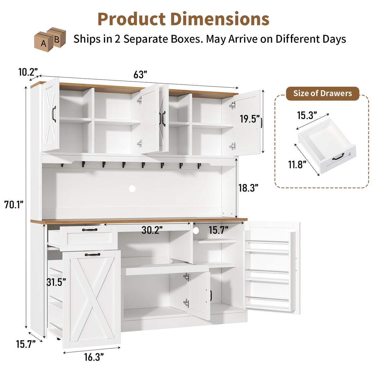 63"W Farmhouse Kitchen Pantry Cabinet, 70" Tall Hutch with RGB LED Lights, Charging Station, Pull-Out Tray & Rolling Cart, White