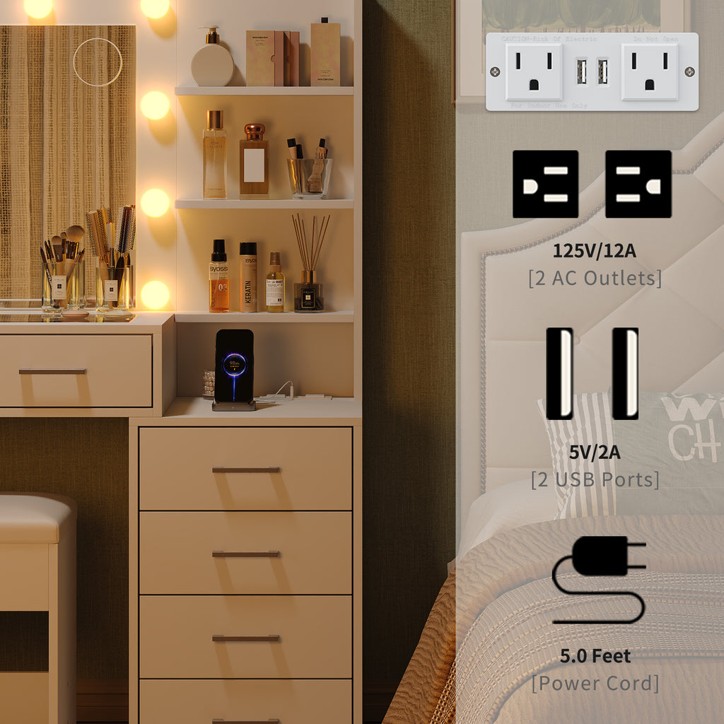 59" W Large Makeup Vanity Desk with LED Mirror, 8 Drawers & 2 Cabinets, Glass Top, Power Outlet, 3-Color Dimmable Lights & Chair for Bedroom