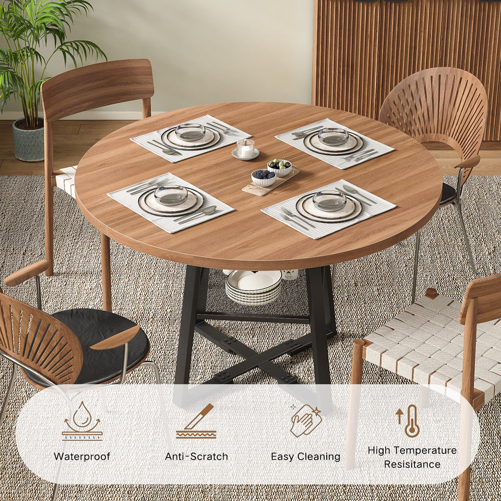 Yanosaku DT001 47" Extendable Round Table for 4–8, Walnut Metal Frame