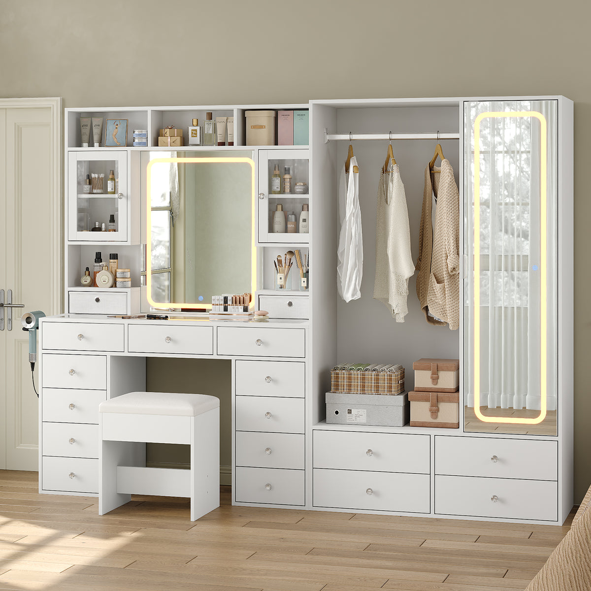 87" W Large Vanity Desk with LED Mirror & Wardrobe, Spacious Makeup Vanity Table with Ample Storage, White
