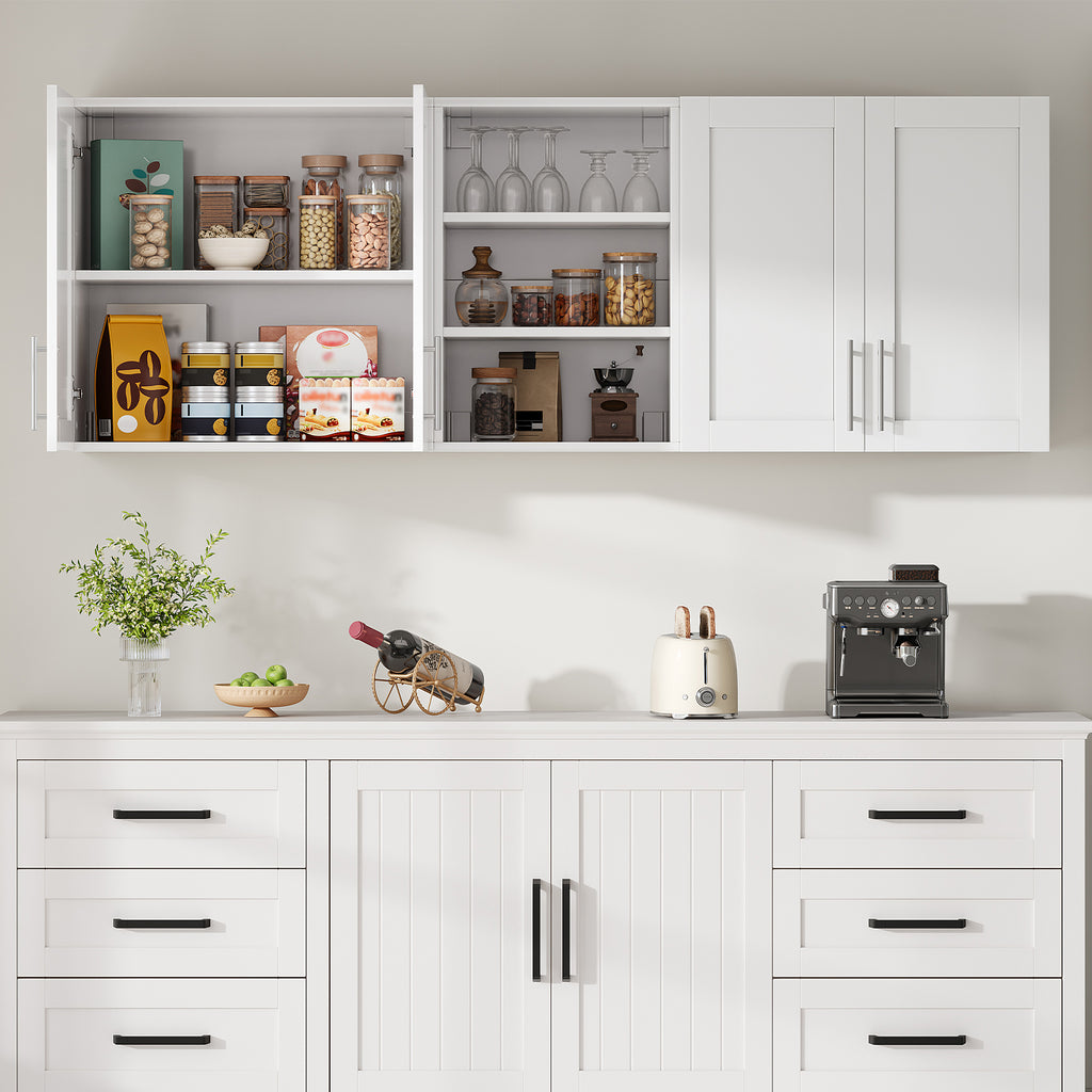 White Wall-Mounted Storage Cabinet with Doors & Adjustable Shelves, Wooden Laundry Room, Kitchen & Bathroom Cabinet